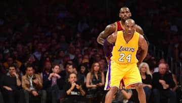 LOS ANGELES, CA - MARCH 10: Kobe Bryant #24 of the Los Angeles Lakers and LeBron James #23 of the Cleveland Cavaliers match up during the first half at Staples Center on March 10, 2016 in Los Angeles, California. NOTE TO USER: User expressly acknowledges and agrees that, by downloading and or using this Photograph, user is consenting to the terms and condition of the Getty Images License Agreement. (Photo by Harry How/Getty Images)