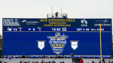 ANNAPOLIS, MD - NOVEMBER 11: The National Hockey League and Washington Capitals unveil the 2018 Coors Light NHL Stadium Series logo on the scoreboard during a game between the SMU Mustangs and Navy Midshipmen at Navy-Marine Corps Memorial Stadium on November 11, 2017 in Annapolis, Maryland. The 2018 Coors Light NHL Sadium Series game between the Toronto Maple Leafs and Washington Capitals will be played on March 3, 2018. (Photo by Patrick McDermott/NHLI via Getty Images)