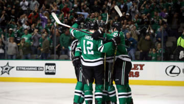 DALLAS, TEXAS - FEBRUARY 04: Radek Faksa #12 of the Dallas Stars celebrates a goal against the Arizona Coyotes in the third period at American Airlines Center on February 04, 2019 in Dallas, Texas. (Photo by Ronald Martinez/Getty Images)