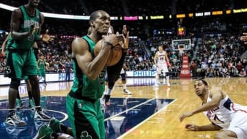 Jan 25, 2013; Atlanta, GA, USA; Boston Celtics point guard Rajon Rondo (9) calls a timeout in overtime against the Atlanta Hawks at Philips Arena. The Hawks won 123-111. Mandatory Credit: Daniel Shirey-USA TODAY Sports