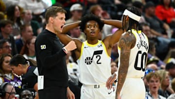 SALT LAKE CITY, UTAH - OCTOBER 14: Utah Jazz head coach Will Hardy speaks to Collin Sexton and Jordan Clarkson #00 during the first half of a preseason NBA game against the Portland Trail Blazers at Delta Center on October 14, 2023 in Salt Lake City, Utah. NOTE TO USER: User expressly acknowledges and agrees that, by downloading and or using this photograph, User is consenting to the terms and conditions of the Getty Images License Agreement. (Photo by Alex Goodlett/Getty Images)