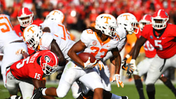 ATHENS, GA - SEPTEMBER 29: Jeremy Banks #33 of the Tennessee Volunteers carries the ball against the Georgia Bulldogs on September 29, 2018 in Athens, Georgia. (Photo by Scott Cunningham/Getty Images)