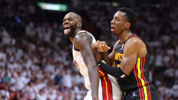 Dewayne Dedmon #21 of the Miami Heat reacts against the Atlanta Hawks(Photo by Michael Reaves/Getty Images)