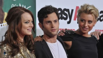 (L-R) Actors Emma Stone, Penn Badgley and Alyson Michalka arrive at the "Easy A" Los Angeles premiere at Grauman's Chinese Theatre on September 13, 2010 in Hollywood, California.