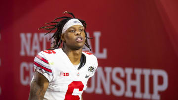 Jan 11, 2021; Miami Gardens, Florida, USA; Ohio State Buckeyes wide receiver Jameson Williams (6) against the Alabama Crimson Tide in the 2021 CFP National Championship Game. Mandatory Credit: Mark J. Rebilas-USA TODAY Sports