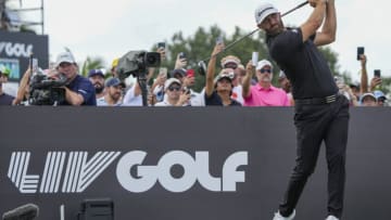 DORAL, FL - OCTOBER 30: Team Captain Dustin Johnson of 4 Aces GC plays his shot from the third tee during the team championship stroke-play round of the LIV Golf Invitational - Miami at Trump National Doral Miami on October 30, 2022 in Doral, Florida. (Photo by Eric Espada/Getty Images)