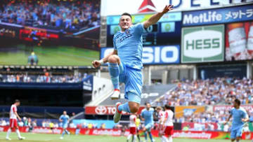 Jul 3, 2016; New York, NY, USA; New York City FC midfielder Jack Harrison (11) reacts after scoring a goal against the New York Red Bulls during the first half at Yankee Stadium. Mandatory Credit: Brad Penner-USA TODAY Sports