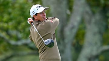 Sep 18, 2020; Mamaroneck, New York, USA; Adam Scott plays his shot from the second tee during the second round of the U.S. Open golf tournament at Winged Foot Golf Club - West. Mandatory Credit: Brad Penner-USA TODAY Sports