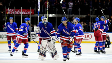 NEW YORK, NY - NOVEMBER 06: The New York Rangers celebrate a 5-3 win over the Montreal Canadiens after the game at Madison Square Garden on November 6, 2018 in New York City. (Photo by Sarah Stier/Getty Images)
