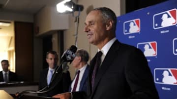 Aug 14, 2014; Baltimore, MD, USA; Newly elected commissioner of baseball Rob Manfred speaks at a press conference after being elected by team owners to be the next commissioner of Major League Baseball. Mandatory Credit: H.Darr Beiser-USA TODAY Sports