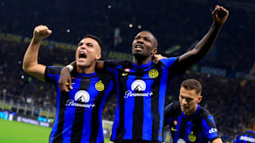MILAN, ITALY - OCTOBER 29: Marcus Thuram (R) of FC Internazionale celebrates with Lautaro Martinez (L) after scoring the his team's first goal during the Serie A TIM match between FC Internazionale and AS Roma at Stadio Giuseppe Meazza on October 29, 2023 in Milan, Italy. (Photo by Giuseppe Cottini/Getty Images)