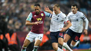 BIRMINGHAM, ENGLAND - DECEMBER 17: Ahmed El Mohamady of Aston Villa battles for possession with Herbie Kane of Liverpool during the Carabao Cup Quarter Final match between Aston Villa and Liverpool FC at Villa Park on December 17, 2019 in Birmingham, England. (Photo by Shaun Botterill/Getty Images)