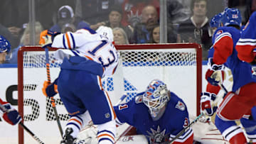 NEW YORK, NEW YORK - NOVEMBER 26: Igor Shesterkin #31 of the New York Rangers stops a second period shot by Jesse Puljujarvi #13 of the Edmonton Oilers at Madison Square Garden on November 26, 2022 in New York City. (Photo by Bruce Bennett/Getty Images)