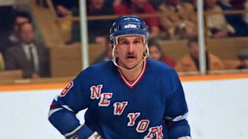 TORONTO, ON - FEBRUARY 25: Walt Poddubny #8 of the New York Rangers skates against the Toronto Maple Leafs during NHL game action on February 25, 1987 at Maple Leaf Gardens in Toronto, Ontario, Canada. (Photo by Graig Abel/Getty Images)