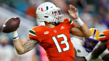 Jake Garcia #13 of the Miami Hurricanes enters the portal in todays Nebraska football recruiting roundup (Photo by Megan Briggs/Getty Images)