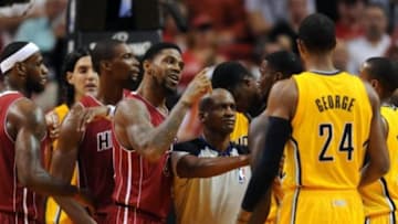 Dec 18, 2013; Miami, FL, USA; Miami Heat power forward Udonis Haslem (40) points at Indiana Pacers shooting guard Lance Stephenson (not pictured) during the first half at American Airlines Arena. Mandatory Credit: Steve Mitchell-USA TODAY Sports