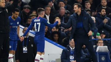 LONDON, ENGLAND - OCTOBER 30: Billy Gilmour of Chelsea shakes hands with Frank Lampard, Manager of Chelsea as he is substituted off during the Carabao Cup Round of 16 match between Chelsea and Manchester United at Stamford Bridge on October 30, 2019 in London, England. (Photo by Mike Hewitt/Getty Images)
