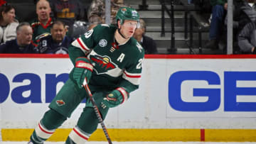 ST. PAUL, MN - APRIL 02: Ryan Suter #20 of the Minnesota Wild skates with the puck during a game with the Winnipeg Jets at Xcel Energy Center on April 2, 2019 in St. Paul, Minnesota. (Photo by Bruce Kluckhohn/NHLI via Getty Images)