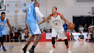 LAS VEGAS, NV - JULY 10: Troy Caupain #8 of the Toronto Raptors dribbles the ball during the 2017 Las Vegas Summer League game against the Denver Nuggets on July 10, 2017 at the Cox Pavilion in Las Vegas, Nevada. NOTE TO USER: User expressly acknowledges and agrees that, by downloading and or using this Photograph, user is consenting to the terms and conditions of the Getty Images License Agreement. Mandatory Copyright Notice: Copyright 2017 NBAE (Photo by David Dow/NBAE via Getty Images)