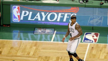Apr 22, 2016; Boston, MA, USA; Boston Celtics guard Isaiah Thomas (4) on the court against the Atlanta Hawks during the fourth quarter in game three of the first round of the NBA Playoffs at TD Garden. The Celtics defeated the Hawks 111-103. Mandatory Credit: David Butler II-USA TODAY Sports