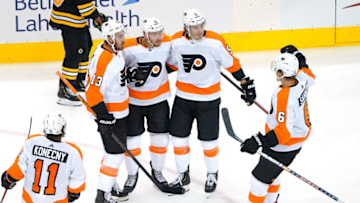 Michael Raffl, Kevin Hayes, Philippe Myers, Travis Sanheim and Travis Konecny, Philadelphia Flyers (Photo by Andre Ringuette/Freestyle Photo/Getty Images)