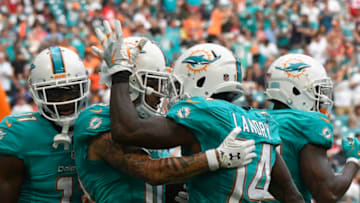 MIAMI GARDENS, FL - JANUARY 01: Kenny Stills #10 of the Miami Dolphins celebrates with Jarvis Landry #14 after scoring a touchdown in the 3rd quarter against the New England Patriots at Hard Rock Stadium on January 1, 2017 in Miami Gardens, Florida. (Photo by Eric Espada/Getty Images)