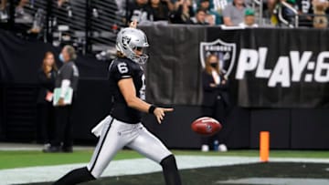 LAS VEGAS, NEVADA - OCTOBER 24: Punter A.J. Cole #6 of the Las Vegas Raiders punts from an end zone against the Philadelphia Eagles during their game at Allegiant Stadium on October 24, 2021 in Las Vegas, Nevada. The Raiders defeated the Eagles 33-22. (Photo by Ethan Miller/Getty Images)