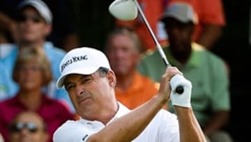 July 13, 2012; Lake Orion, MI, USA; Loren Roberts (USA) tees off the 1st hole during the second round of the U.S. Senior Open at Indianwood Golf and Country Club. Mandatory Credit: Tim Fuller-USA TODAY Sports