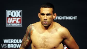 Apr 18, 2014; Orlando, FL, USA; Fabricio Werdum steps on the scale during a weigh-in for his heavyweight fight againTravis Browne for UFC on FOX 11 at Amway Center. Mandatory Credit: David Manning-USA TODAY Sports