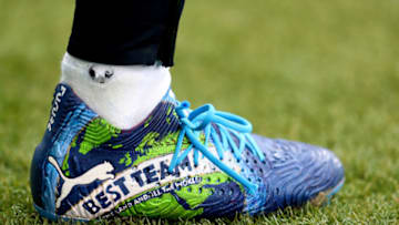 BOURNEMOUTH, ENGLAND - MARCH 02: The personalised Puma boots of Vincent Kompany of Manchester City during the Premier League match between AFC Bournemouth and Manchester City at Vitality Stadium on March 02, 2019 in Bournemouth, United Kingdom. (Photo by Catherine Ivill/Getty Images)