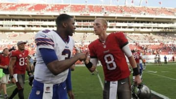 Dec 8, 2013; Tampa, FL, USA; Buffalo Bills quarterback EJ Manuel (3) and Tampa Bay Buccaneers quarterback Mike Glennon (8) greet at the end of tbe game at Raymond James Stadium. Tampa Bay Buccaneers defeated the Buffalo Bills 27-6. Mandatory Credit: Kim Klement-USA TODAY Sports