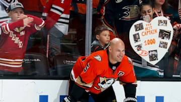 ANAHEIM, CA - NOVEMBER 3: Ryan Getzlaf #15 of the Anaheim Ducks smiles while warming up before his 1,000th NHL career game against the Chicago Blackhawks at Honda Center on November 3, 2019 in Anaheim, California. Getzlaf has played all 1,000 games for the Anaheim Ducks franchise. (Photo by Debora Robinson/NHLI via Getty Images)