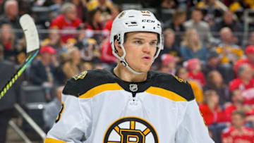 DETROIT, MI - FEBRUARY 09: Karson Kuhlman #83 of the Boston Bruins looks down the ice on a play stoppage against the Detroit Red Wings during an NHL game at Little Caesars Arena on February 9, 2020 in Detroit, Michigan. Detroit defeated Boston 3-1. (Photo by Dave Reginek/NHLI via Getty Images)