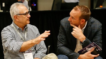 NEW YORK, NY - AUGUST 29: Dave Wohl (L), general manager of the Los Angeles Clippers, speaks with Sean Marks, general manager of the Brooklyn Nets during the Leaders Sport Performance Summit on August 29, 2017 in New York City. (Photo by Jeff Zelevansky/Getty Images for Leaders)