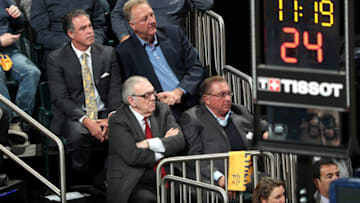 INDIANAPOLIS, IN - APRIL 22: Herb Simon. Donnie Walsh, Larry Bird, and Kevin Pritchard watch the game between the Cleveland Cavaliers and the Indiana Pacers in Game Four of Round One of the 2018 NBA Playoffs on April 22, 2018 at Bankers Life Fieldhouse in Indianapolis, Indiana. NOTE TO USER: User expressly acknowledges and agrees that, by downloading and or using this Photograph, user is consenting to the terms and conditions of the Getty Images License Agreement. Mandatory Copyright Notice: Copyright 2018 NBAE (Photo by Nathaniel S. Butler/NBAE via Getty Images)