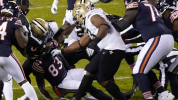 Nov 1, 2020; Chicago, Illinois, USA; Chicago Bears wide receiver Javon Wims (83) gets into a fight with New Orleans Saints cornerback Janoris Jenkins (20) during the third quarter at Soldier Field. Mandatory Credit: Mike Dinovo-USA TODAY Sports