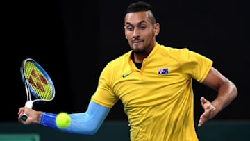 BRISBANE, AUSTRALIA - FEBRUARY 02: Nick Kyrgios of Australia plays a forehand against Jan-Lennard Struff of Germany during the Davis Cup World Group First Round tie between Australia and Germany at Pat Rafter Arena on February 2, 2018 in Brisbane, Australia. (Photo by Bradley Kanaris/Getty Images)