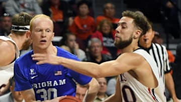 LAS VEGAS, NV - MARCH 05: TJ Haws #30 of the Brigham Young Cougars drives to the basket against Jordan Ford #30 of the Saint Mary's Gaels during a semifinal game of the West Coast Conference basketball tournament at the Orleans Arena on March 5, 2018 in Las Vegas, Nevada. The Cougars won 85-72. (Photo by Ethan Miller/Getty Images)