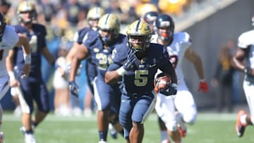 Oct 10, 2015; Pittsburgh, PA, USA; Pittsburgh Panthers running back Chris James (5) carries the ball against the Virginia Cavaliers during the first quarter at Heinz Field. PITT won 26-19. Mandatory Credit: Charles LeClaire-USA TODAY Sports