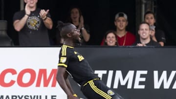 May 7, 2016; Columbus, OH, USA; Columbus Crew SC forward Kei Kamara (23) celebrates after scoring his second goal of the game against Montreal Impact at MAPFRE Stadium. The game ended in a 4-4 draw. Mandatory Credit: Greg Bartram-USA TODAY Sports