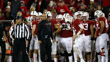 PALO ALTO, CA - NOVEMBER 18: Head coach David Shaw of the Stanford Cardinal stands with his team during a time out of their game against the California Golden Bears at Stanford Stadium on November 18, 2017 in Palo Alto, California. (Photo by Ezra Shaw/Getty Images)