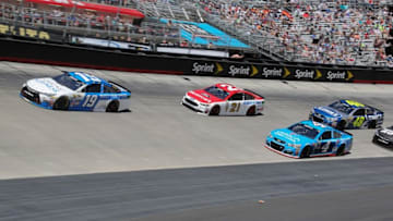 Apr 17, 2016; Bristol, TN, USA; NASCAR Sprint Cup Series driver Carl Edwards (19) leads during the Food City 500 at Bristol Motor Speedway. Mandatory Credit: Randy Sartin-USA TODAY Sports