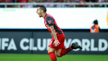 ZAPOPAN, MEXICO - APRIL 25: Sebastian Giovinco of Toronto FC celebrates after scoring the second goal of his team during the second leg match of the final between Chivas and Toronto FC as part of CONCACAF Champions League 2018 at Akron Stadium on April 25, 2018 in Zapopan, Mexico. (Photo by Hector Vivas/Getty Images)