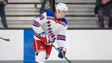 TRAVERSE CITY, MI - SEPTEMBER 09: Kaapo Kakko #45 of the New York Rangers skates in warm-ups during Day-4 of the NHL Prospects Tournament game against the Minnesota Wild at Centre Ice Arena on September 9, 2019 in Traverse City, Michigan. (Photo by Dave Reginek/NHLI via Getty Images)