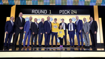 Philip Tomasino reacts after being selected twenty-fourth overall by the Nashville Predators (Photo by Bruce Bennett/Getty Images)