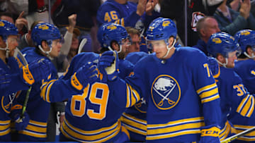 Apr 8, 2023; Buffalo, New York, USA; Buffalo Sabres center Tage Thompson (72) celebrates his goal with teammates during the third period against the Carolina Hurricanes at KeyBank Center. Mandatory Credit: Timothy T. Ludwig-USA TODAY Sports