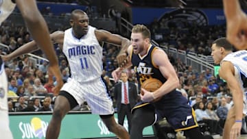 Nov 11, 2016; Orlando, FL, USA; Utah Jazz forward Gordon Hayward (20) drives to the basket as Orlando Magic center Bismack Biyombo (11) defends during the second half at Amway Center. Utah Jazz defeated the Orlando Magic 87-74. Mandatory Credit: Kim Klement-USA TODAY Sports