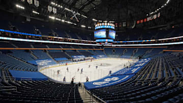 BUFFALO, NY - JANUARY 14: A general view of the game during the game between the Buffalo Sabres and the Washington Capitals at KeyBank Center on January 14 , 2021 in Buffalo, New York. (Photo by Kevin Hoffman/Getty Images)