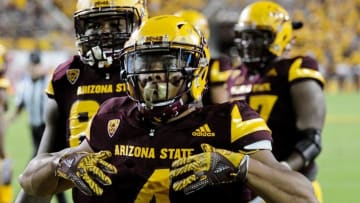 Sep 3, 2016; Tempe, AZ, USA; Arizona State Sun Devils running back Demario Richard (4) celebrates a touchdown in the second half against the Northern Arizona Lumberjacks at Sun Devil Stadium. Mandatory Credit: Matt Kartozian-USA TODAY Sports