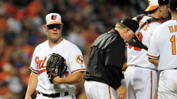 Jul 27, 2016; Baltimore, MD, USA; Baltimore Orioles pitcher Dylan Bundy (37) is removed from the game by manager Buck Showalter (right) in the sixth inning against the Colorado Rockies at Oriole Park at Camden Yards. Mandatory Credit: Evan Habeeb-USA TODAY Sports